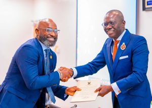 Special Adviser on Infrastructure, Mr. Olufemi Daramola receiving his Oath of Office from Governor of Lagos State, Mr. Babajide Sanwo-Olu during the swearing in of the two new cabinet members at the EXCO chambers