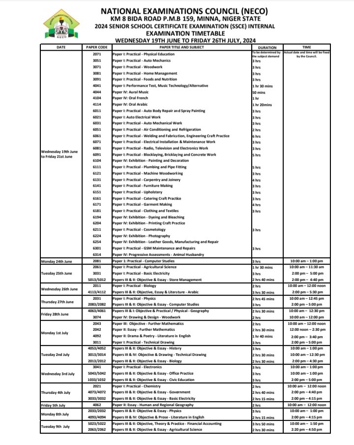 PHOTOS NECO RELEASES 2024 INTERNAL EXAM TIMETABLE Hotjist